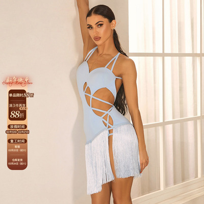 ZYM【美杜莎】连衣裙交叉设计流苏拉丁舞服装女成人带内衣裤25021