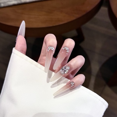 高级感裸色纯手工闪钻穿戴甲