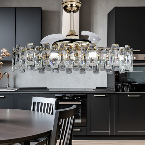 新款长方形水晶风扇吊灯三色变光全铜电机智能语音遥控