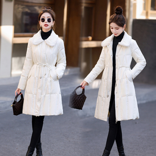 白鸭绒羽绒服2025冬女装黑色设计感小个子中长款保暖大衣收腰带