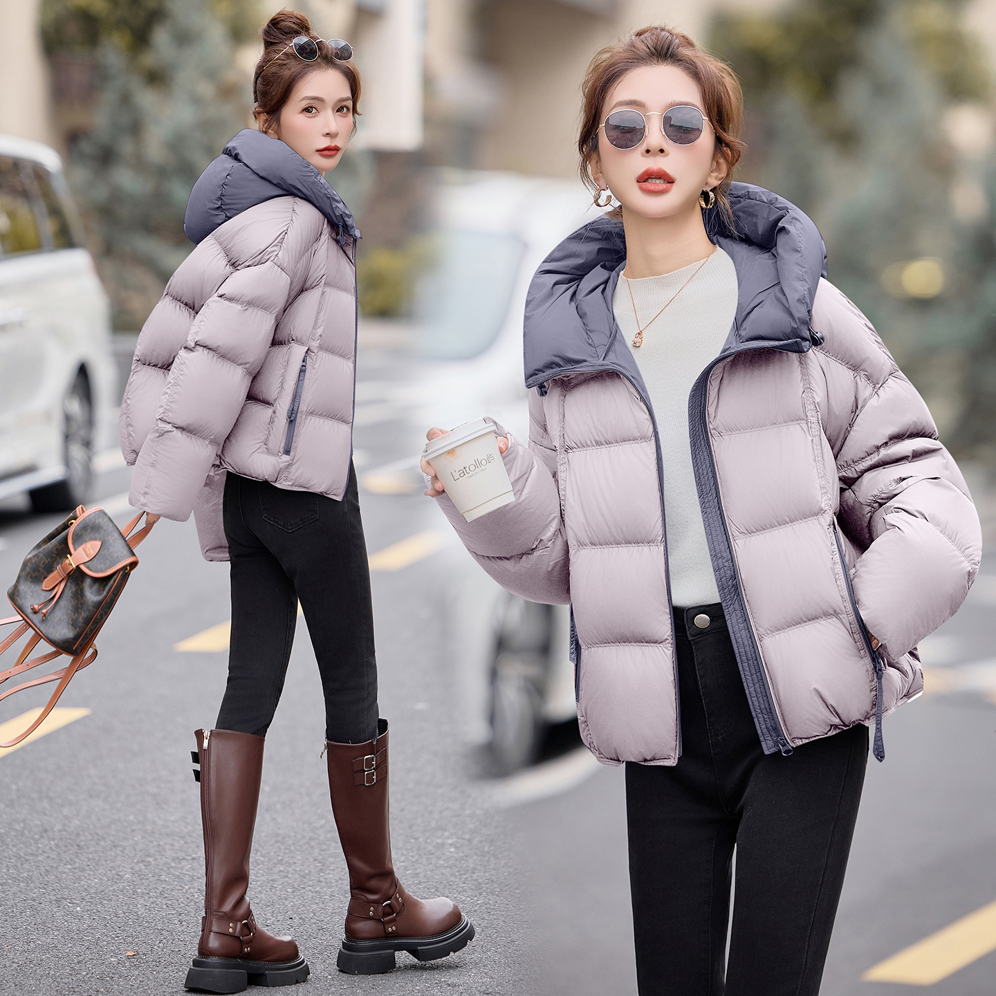 羽绒服短款宽松大码2025冬新女装加厚小个子面包服外套淡紫色好看