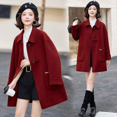 高级感双面羊绒大衣中长款2025冬季新女装小个子红色宽松毛呢外套