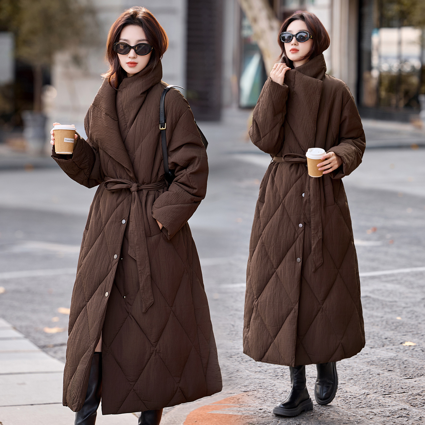 长款羽绒服2025冬女装纯黑色休闲过膝宽松大翻领菱形格90白鸭绒