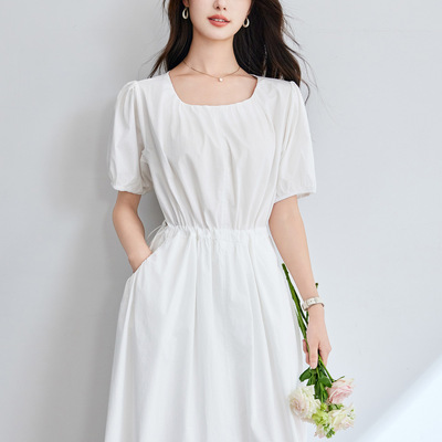 纯棉系带收束腰连衣裙夏女装巨好看法式设计感白色漂亮长裙子圆领