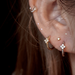 适合厚耳垂 耳环女绝美小花耳圈s925纯银镀金四叶草耳扣女气质