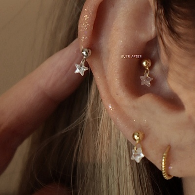 睡觉不用摘星星螺纹耳钉耳坠纯银五角星锆石拧螺丝耳骨钉自制银饰