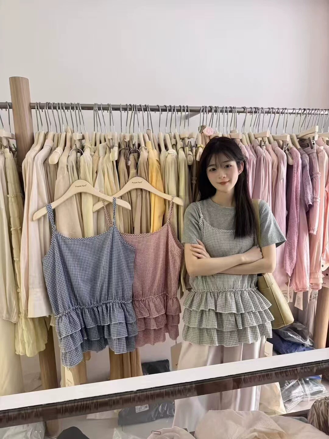 欧洲站欧洲站站氛围感荷叶边格子吊带背心女夏季2025芭蕾风宽松