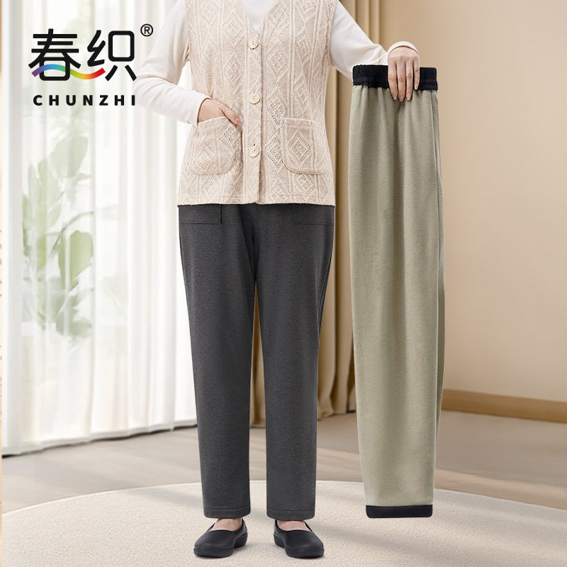 春织中老年加绒加厚秋冬保暖裤女松紧腰老人直筒休闲裤一件代发