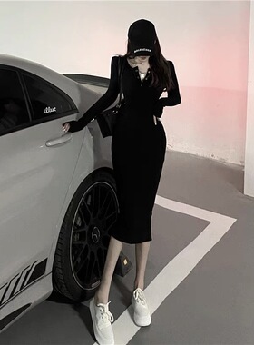 法式针织黑色过膝长裙女2023新款秋冬紧身收腰显瘦辣妹气质连衣裙