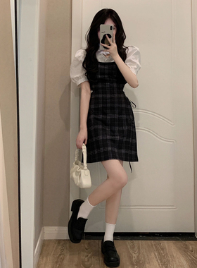 学院风美式白色衬衫格子连衣裙夏季2023新款茶歇复古辣妹两件套裙