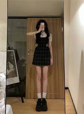 小个子学院风格子背带连衣裙2024新款韩系衬衫绑带短裙甜美两件套
