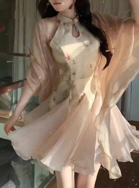 夏季新中式印花旗袍连衣裙女2024新款在逃公主甜辣chic国风裙套装