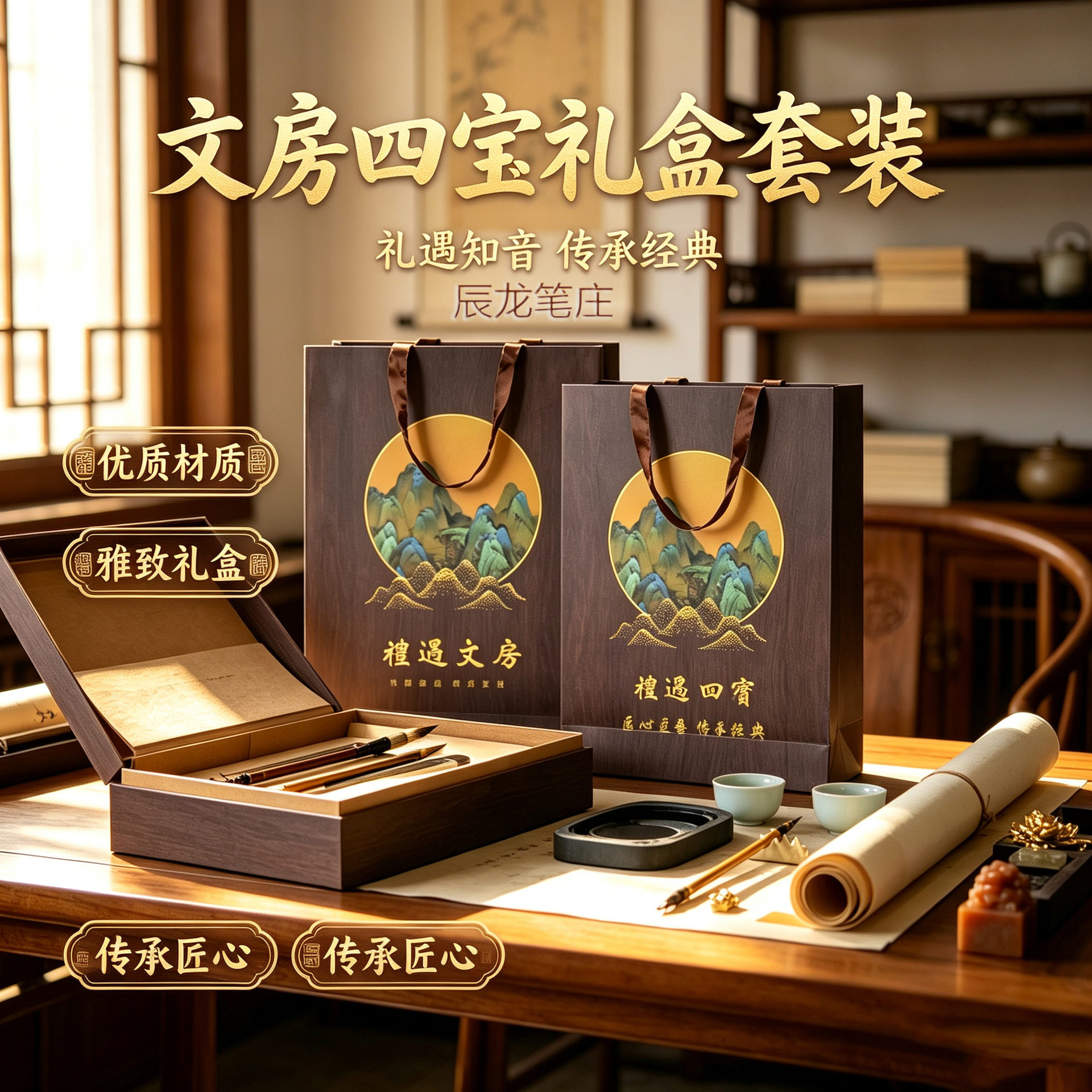 千里江山礼遇文房四宝套装砚台毛笔书法笔墨纸砚全套专业高档礼盒