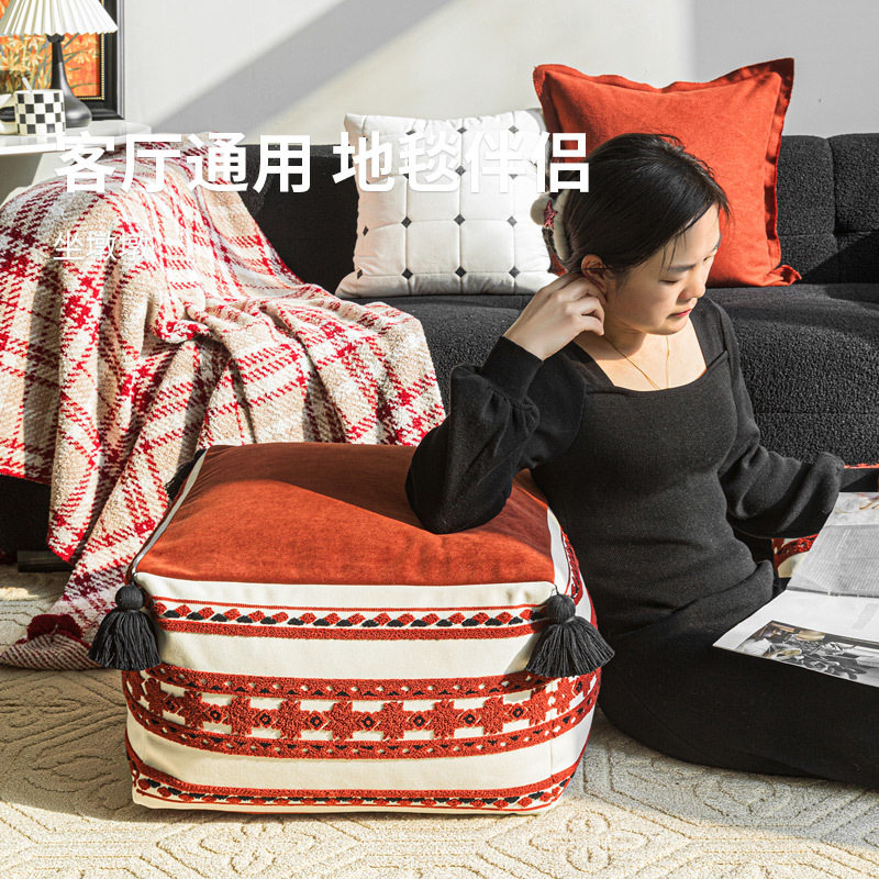 新年节日喜庆红色坐墩墩几何图案坐垫客厅沙发脚踏地毯蒲团垫布艺