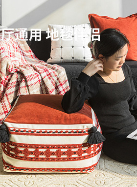 新年节日喜庆红色坐墩墩几何图案坐垫客厅沙发脚踏地毯蒲团垫布艺