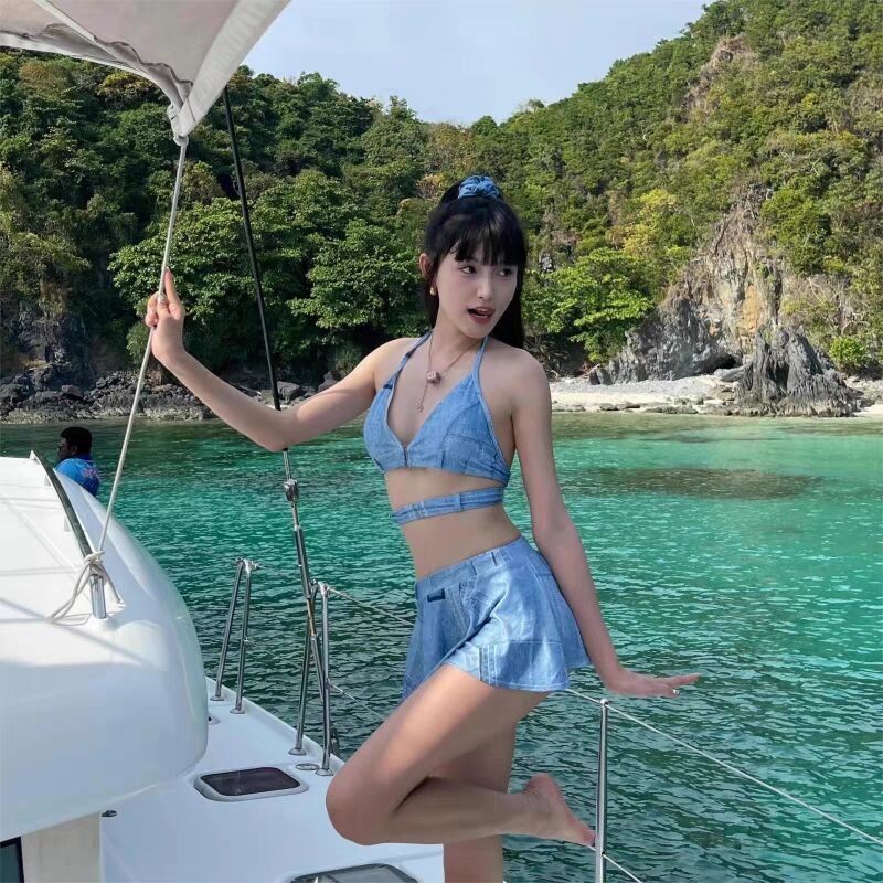 林小宅同款泳衣女2025新款牛仔前扣比基尼小裙子保守分体泳装