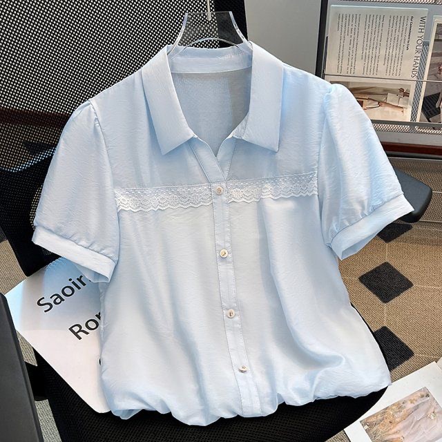 洋气蕾丝花边拼接短袖衬衫