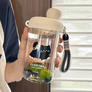 原创小黑猫女士随手杯玻璃吸管杯高硼硅耐高温下午茶点心咖啡杯子