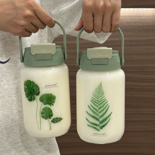 高颜值大肚杯子女生2025玻璃杯树叶大容量1000ml便携双饮吸管水杯