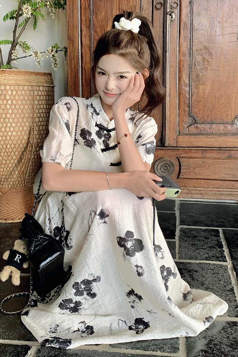 新中式国风盘扣连衣裙女夏季新款别致改良旗袍收腰气质碎花长裙子,女装连衣裙,2C372