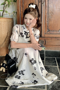 新中式国风盘扣连衣裙女夏季新款别致改良旗袍收腰气质碎花长裙子图片