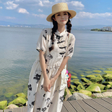 新中式国风盘扣连衣裙女夏季新款别致改良旗袍收腰气质碎花长裙子，女装连衣裙，2C372