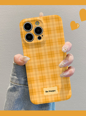小熊猫适用苹果华为荣耀OPPO一加vivo红米iPhone17手机壳小米15简约黄色格纹mate70全包x200/reno13菲林p