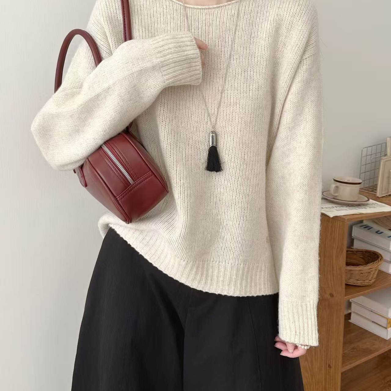 雪域珍稀 重磅牦牛绒粗针圆领毛衣羊毛针织衫一字领气质上衣女秋