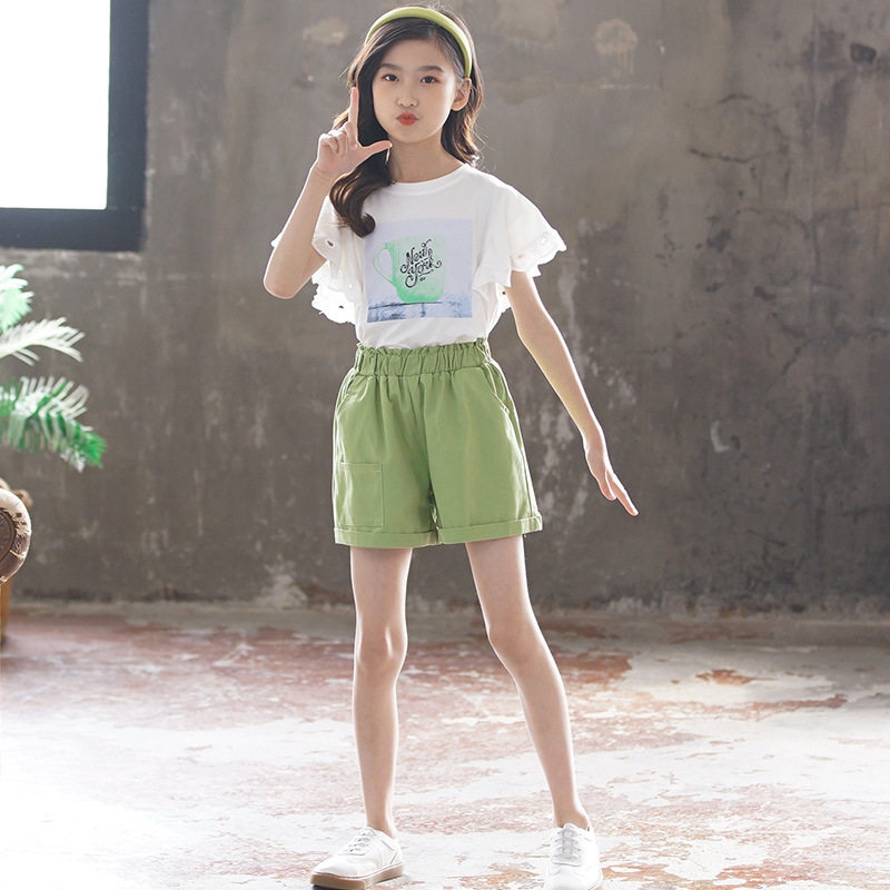 女童短袖t恤夏季套装2026新款韩版女大童夏装两件套洋气女孩衣服