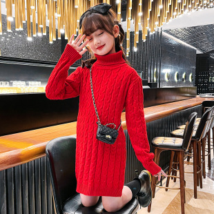 女童中长款高领毛衣冬季加厚红色打底衫女孩冬装中大童针织衫上衣