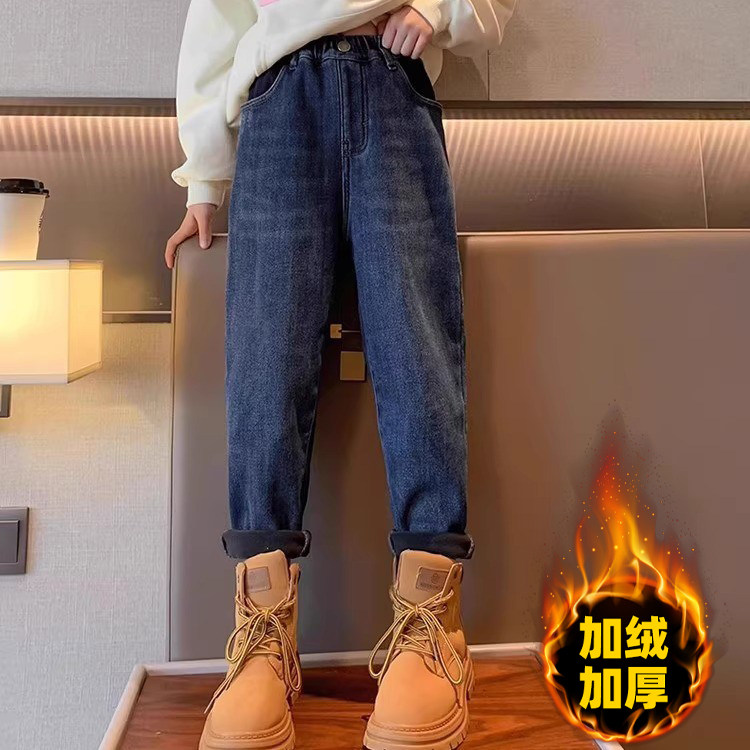 女童冬季加厚一体绒牛仔裤