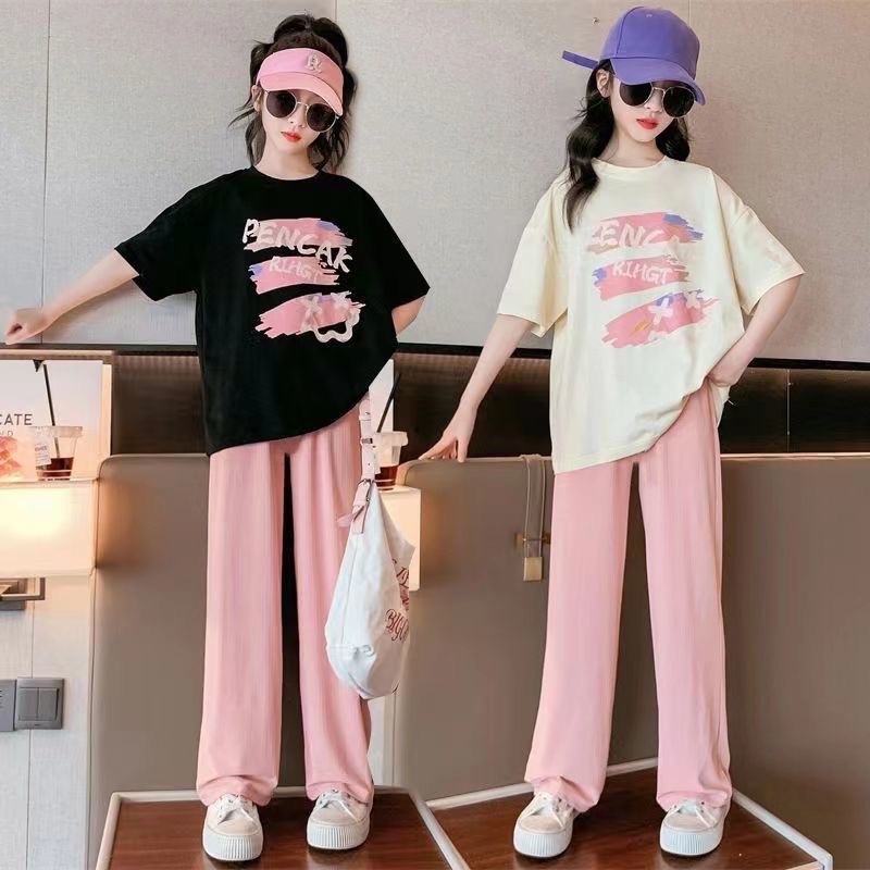 女童夏装套装2025新款韩版时尚女大童T恤裤子两件套女孩夏季衣服