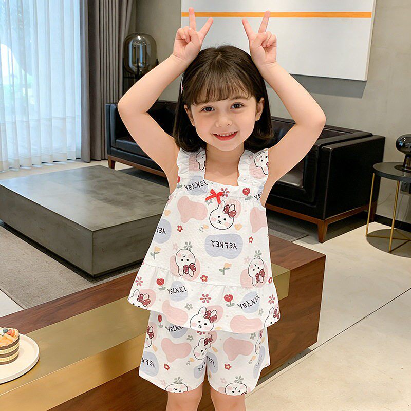女童夏季吊带睡衣套装冰丝薄款女宝宝背心空调服洋气小女孩家居服