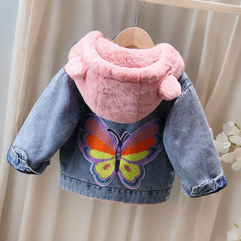 女童夹棉牛仔外套冬季外穿加绒加厚连帽棉服韩版洋气女孩冬装棉袄