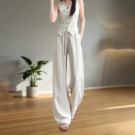 麻白色天丝亚麻阔腿裤女夏薄款2026老钱风小个子冰丝休闲直筒裤子