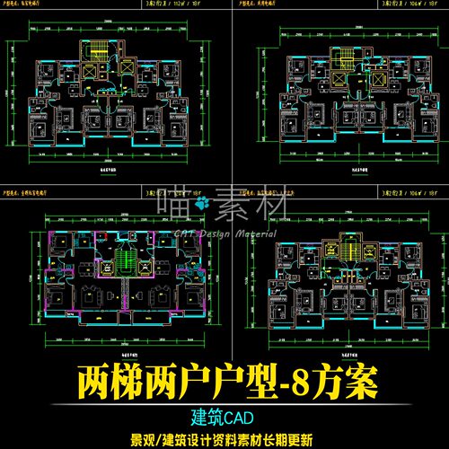 两梯两户常用户型CAD3室2厅2卫住宅平面图标准层核心筒