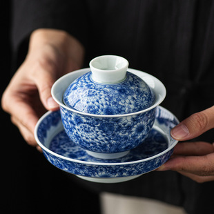 国风青花瓷三才盖碗陶瓷带盖家用敬茶泡茶碗办公功夫茶具茶水杯子