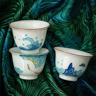羊脂玉瓷纯手绘茶杯家用单个杯子浮雕图案 陶瓷茶杯日式