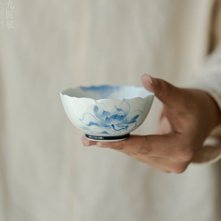 手绘莲花单个主人喝茶杯功夫茶具陶瓷品茗杯高档女士精致家用办公