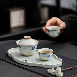 手绘牡丹陶瓷功夫茶具家用二才盖碗茶盘茶杯小套茶具泡茶礼物轻奢