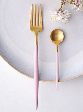 Cutipol樱花粉金西餐具刀叉勺子筷子套装不锈钢调羹轻奢咖啡小勺