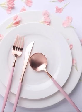 Cutipol刀叉餐具筷子勺子套装粉玫瑰金勺叉套装创意樱花粉甜品勺