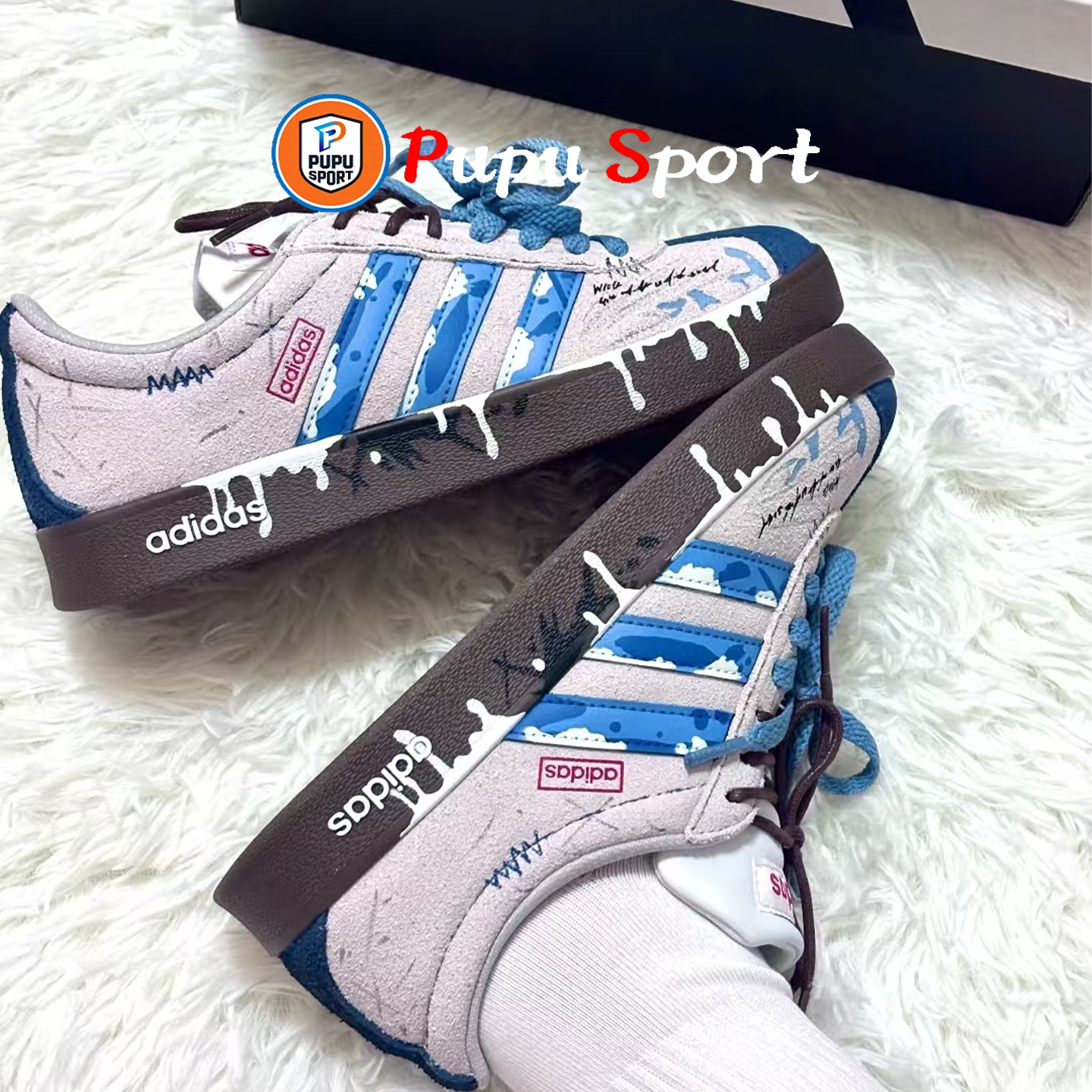 Adidas neo VL 雪域山下时尚涂鸦做旧低帮休闲板鞋男女鞋定制鞋