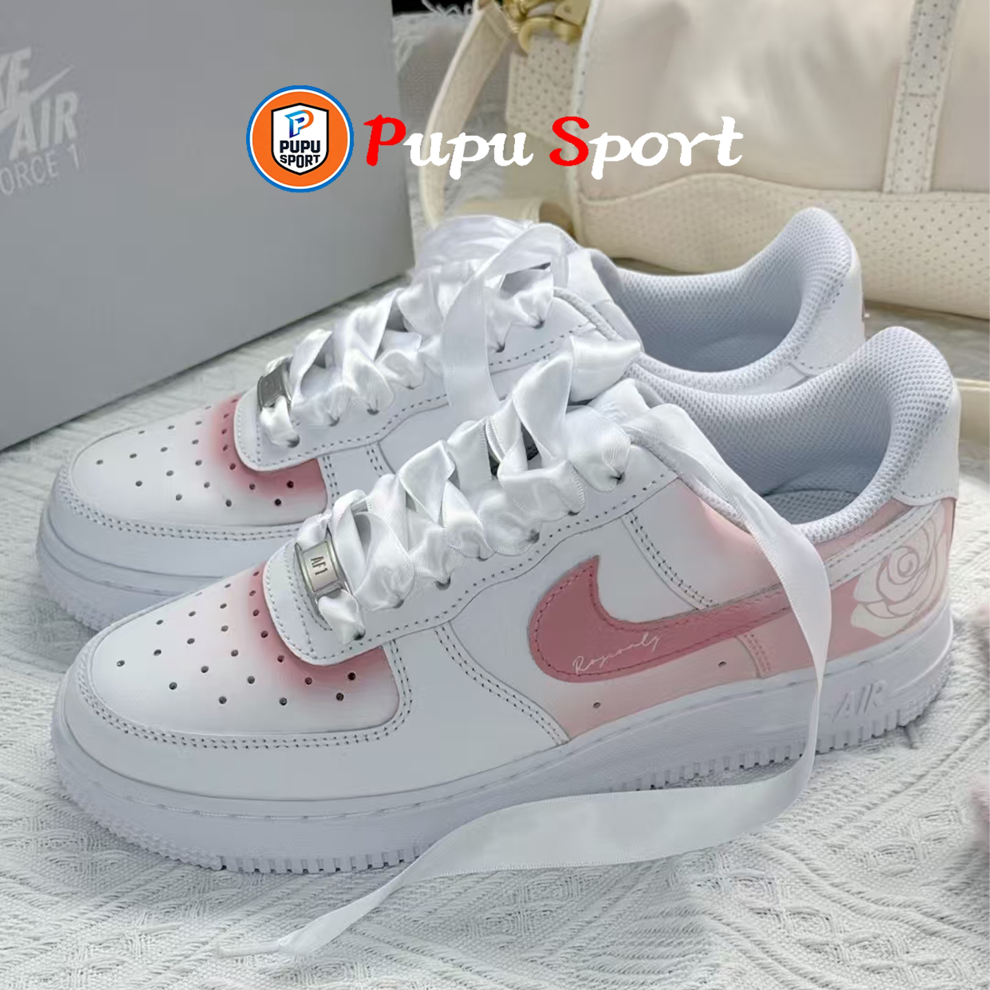 球鞋定制 NIKE/耐克 Air Force1 玫瑰之名清新浪漫 男女白粉 板鞋