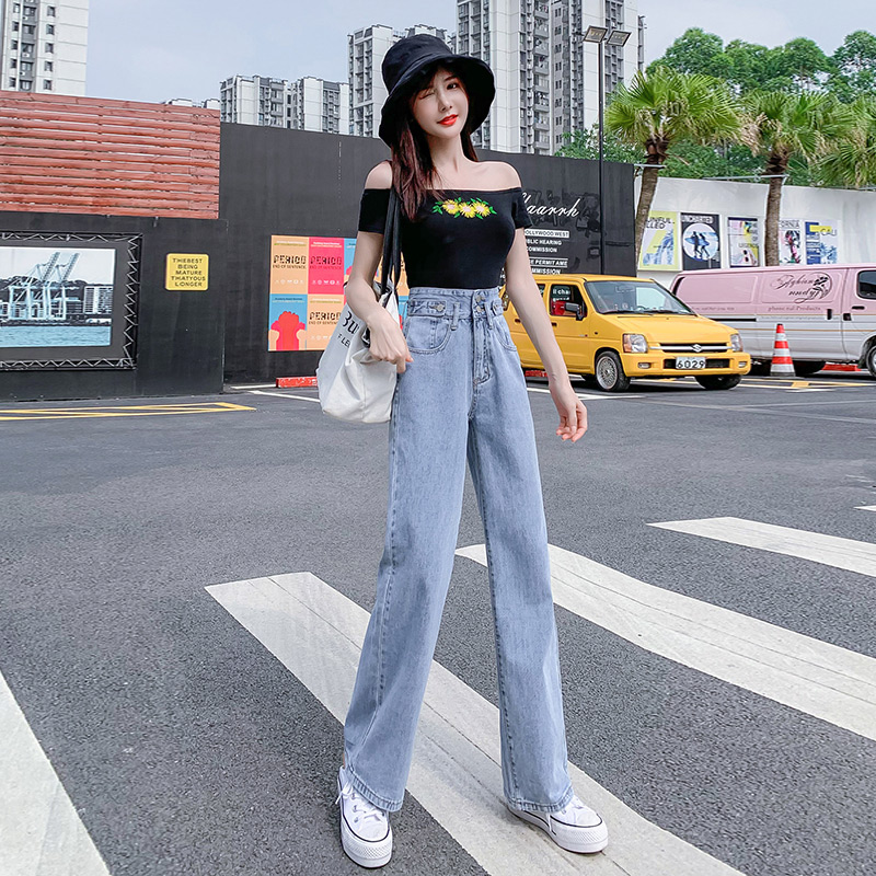 高腰宽松阔腿牛仔裤女2020年秋季新款显瘦显高浅色直筒垂感拖地裤