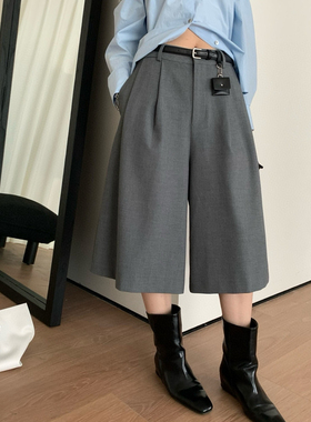 韩系高级感西装阔腿裤女 宽松显瘦通勤百搭休闲裤中裤(配腰包)
