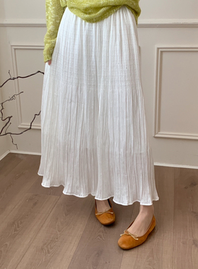 2026春款白色肌理感百褶半身裙女高腰显瘦垂坠感中长款仙女大摆裙