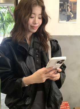 26春新款韩系复古风PU皮衣女 宽松翻领机车夹克休闲百搭外套