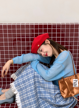 26早春学院风撞色格纹半身裙女 少女感蕾丝花瓣边中长裙