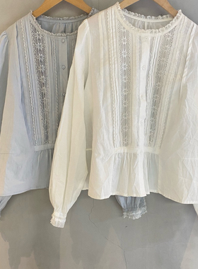 2026早春蕾丝拼接衬衫女 圆领单排扣宽松遮肚长袖衬衣